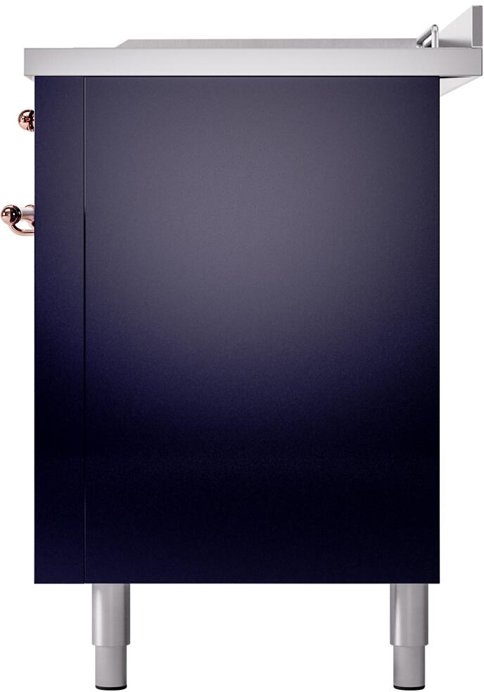 Midnight blue range side panel with copper control knob and four leveling feet