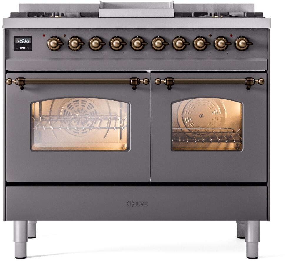 Matte graphite dual fuel freestanding range with bronze-trim control panel and two oven doors