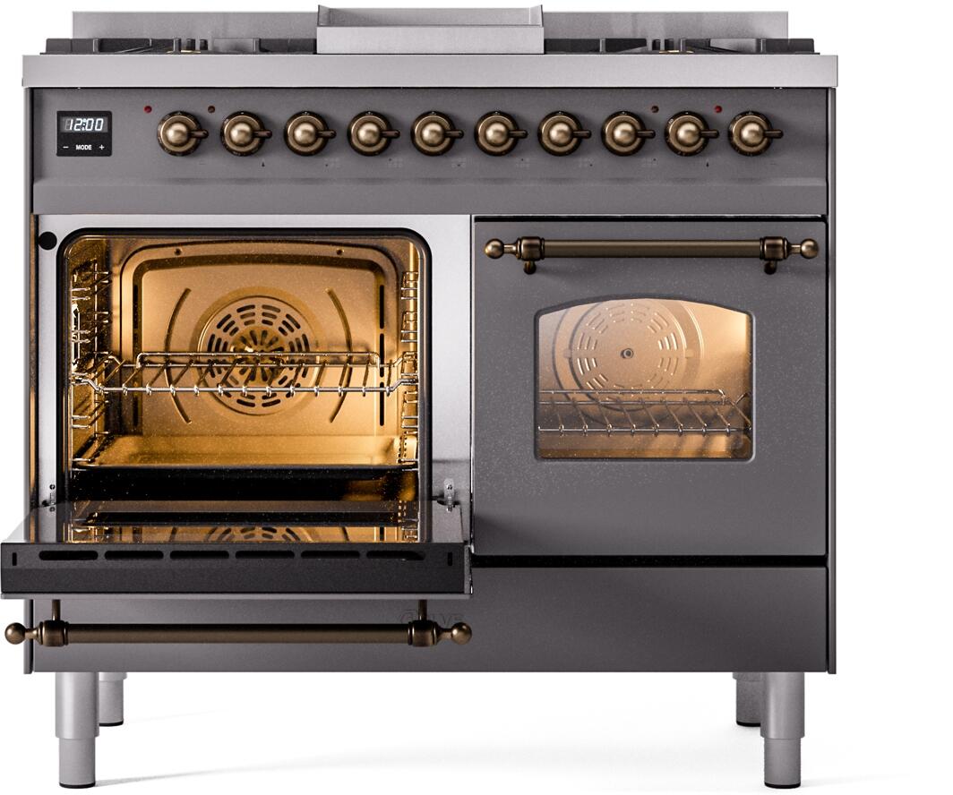 Matte graphite dual fuel freestanding range with one oven door open and bronze interior hardware