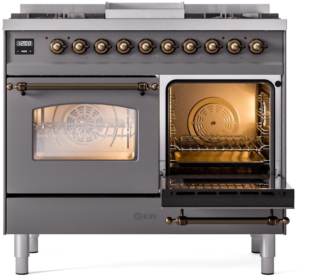 Matte graphite dual fuel freestanding range with right oven door open and warm bronze interior light