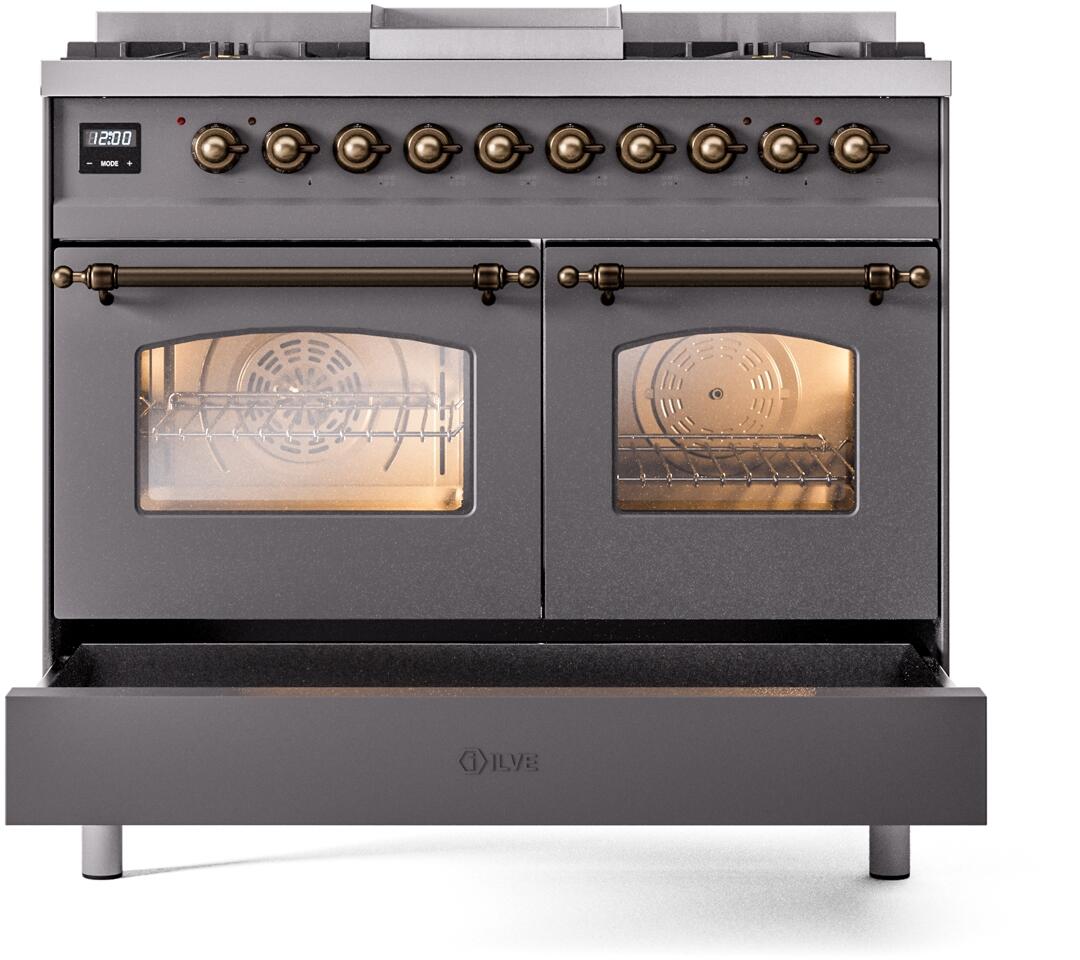 Matte graphite dual fuel freestanding range with bronze-trim knobs and two closed oven windows