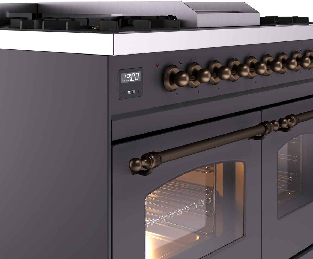 Matte graphite dual fuel freestanding range side view with bronze knob row and oven door handle