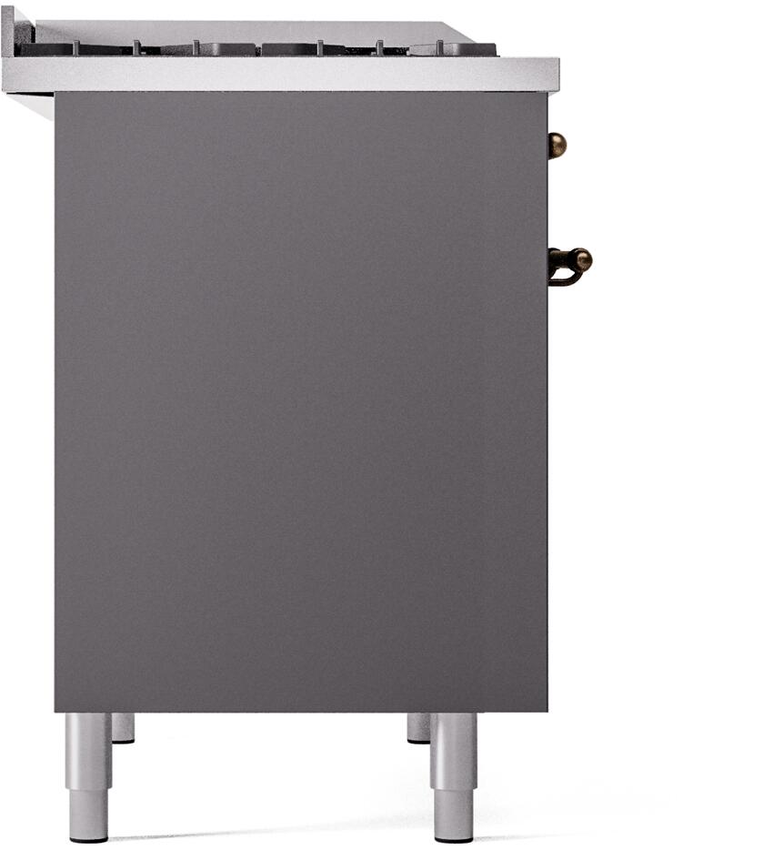 Matte graphite dual fuel freestanding range rear side panel with bronze trim and leveling feet