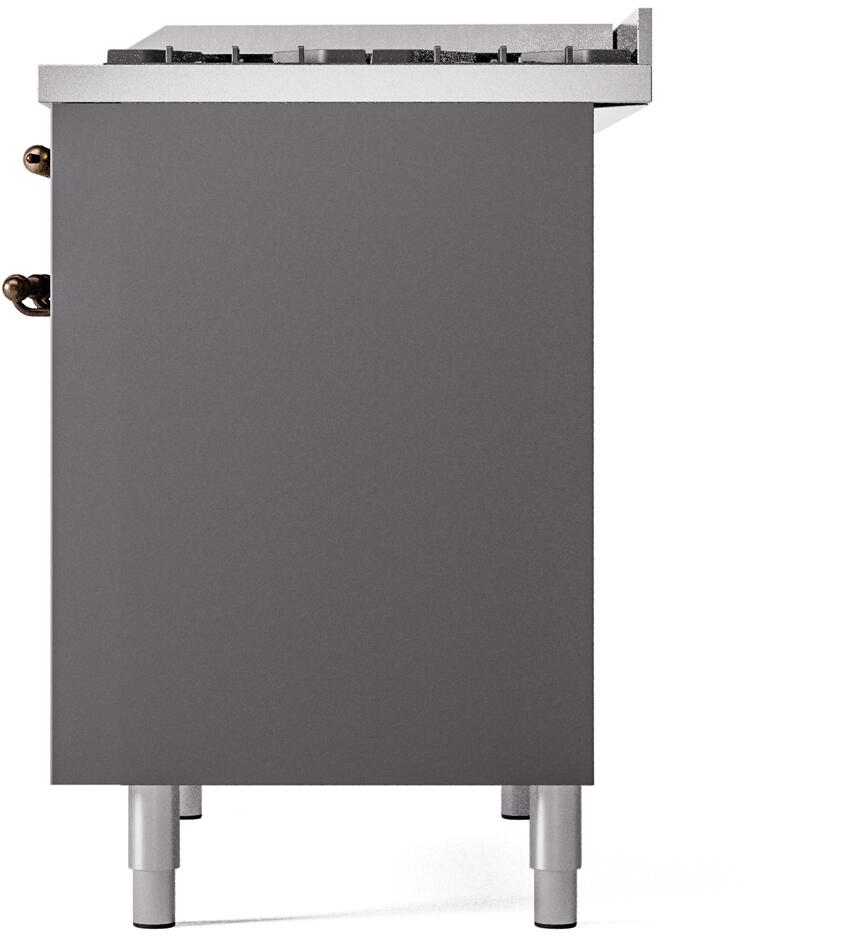 Matte graphite dual fuel freestanding range rear view with bronze side fittings and leveling feet