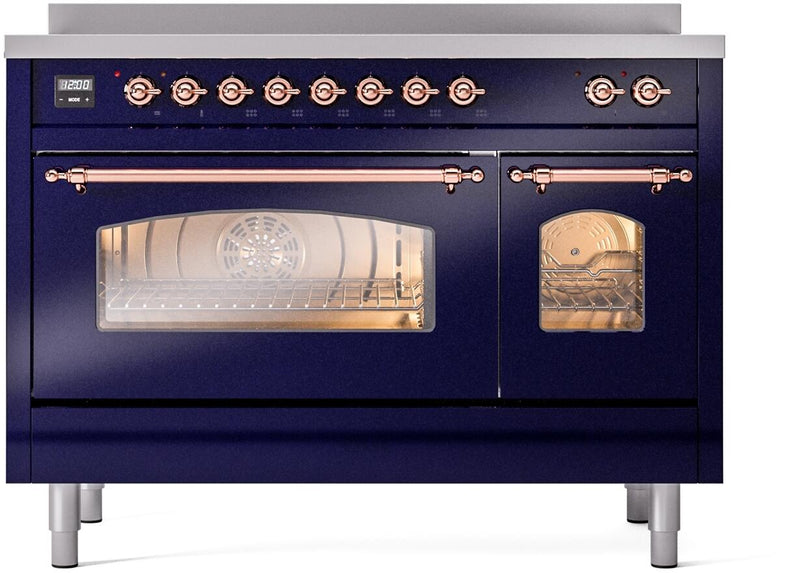 ILVE Nostalgie II 48-Inch Freestanding Electric Induction Range in Midnight Blue with Copper Trim (UPI486NMPMBP)