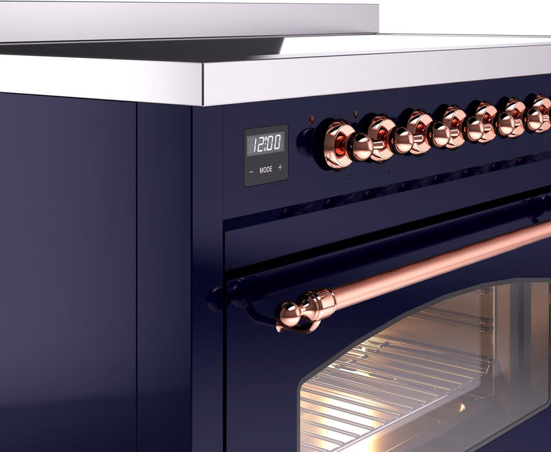 ILVE Nostalgie II 48-Inch Freestanding Electric Induction Range in Midnight Blue with Copper Trim (UPI486NMPMBP)
