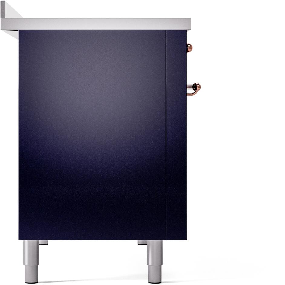 Midnight blue range cabinet side with white legs and copper hardware