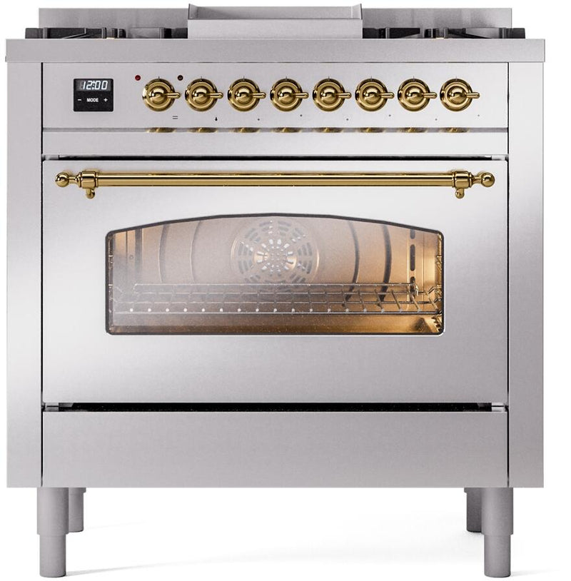 ILVE Nostalgie II 36-Inch Dual Fuel Freestanding Range in Stainless Steel with Brass Trim (UP36FNMPSSG)