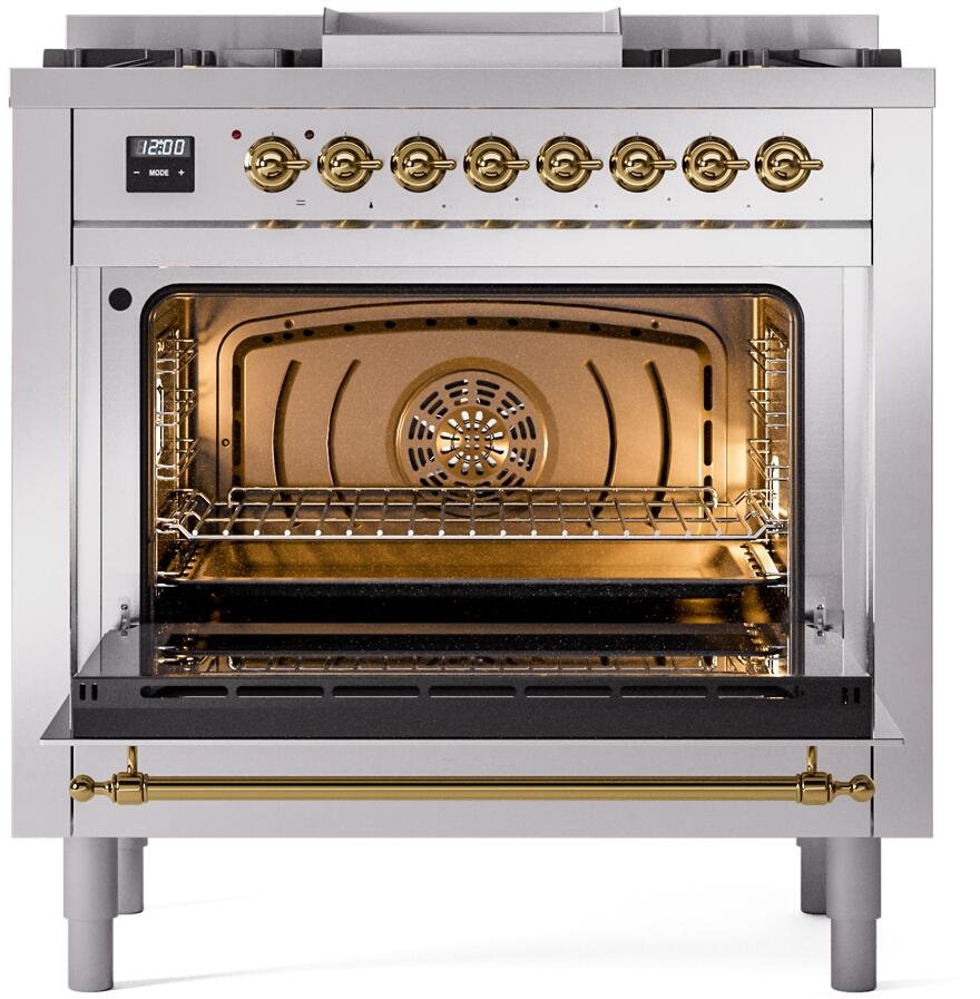 Dual fuel range with open oven cavity, stainless interior and brass trim