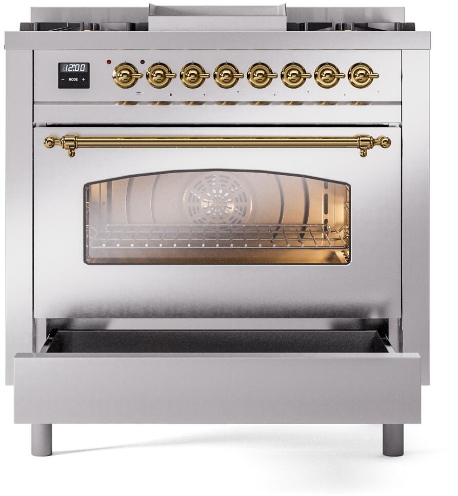 Stainless dual fuel range with oven door window and long brass handle