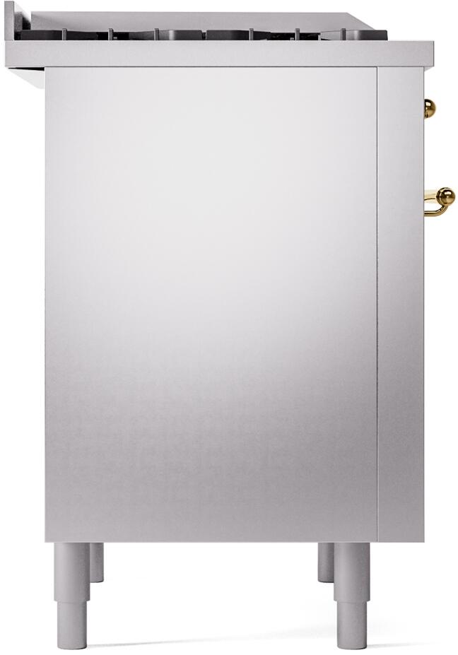 Stainless steel side panel of freestanding dual fuel range with brass handle detail