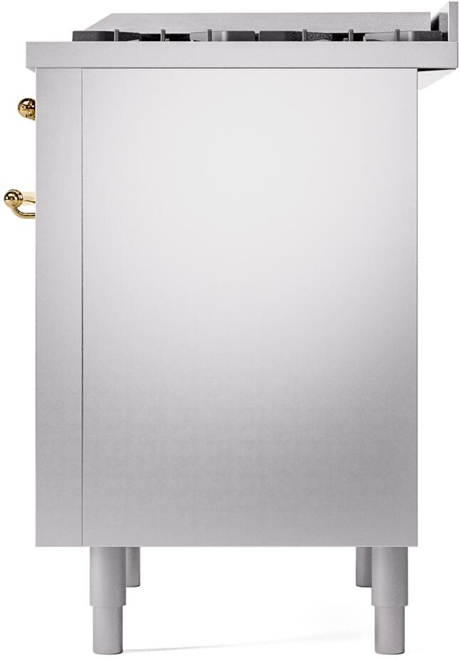 Stainless freestanding range end panel with top vent and brass trim edge