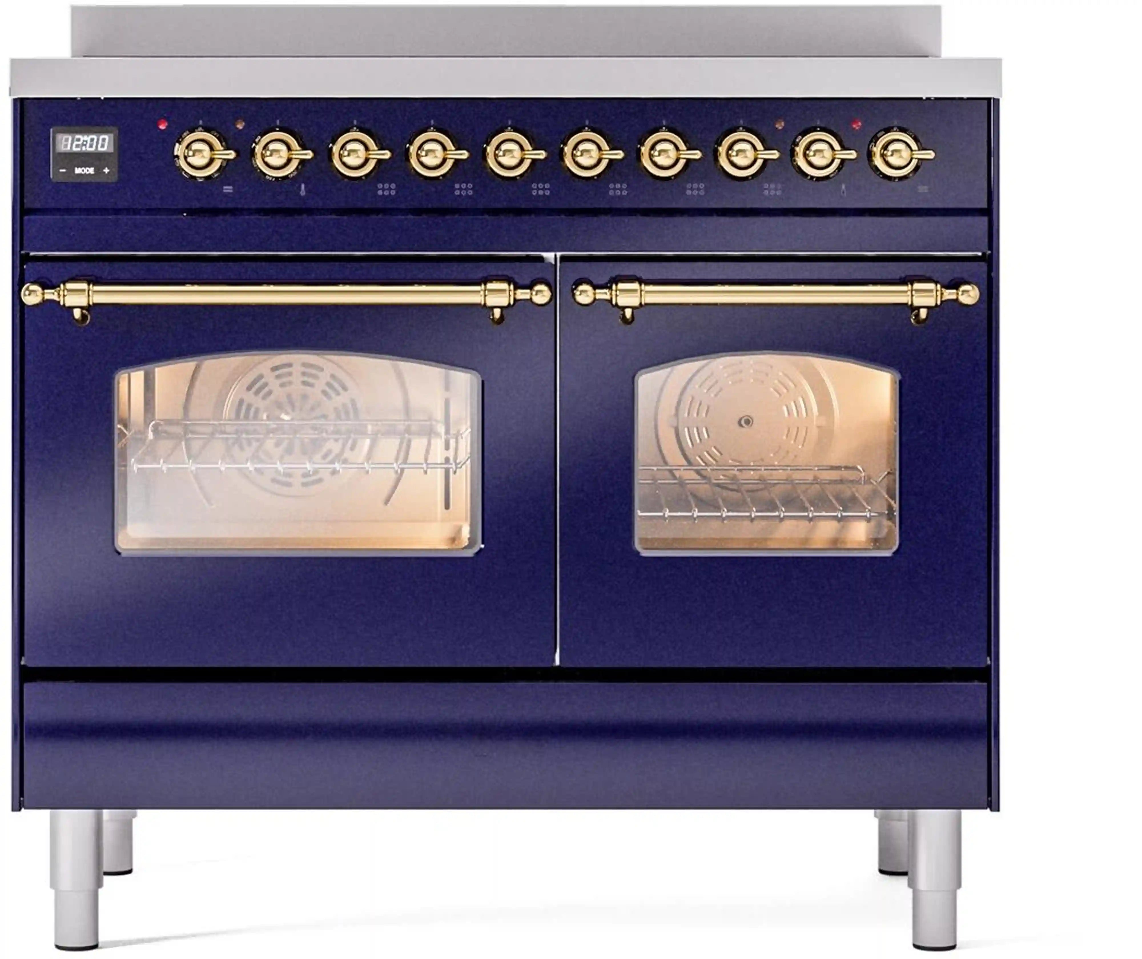 Midnight blue freestanding electric range with brass-trimmed control panel and two glass doors