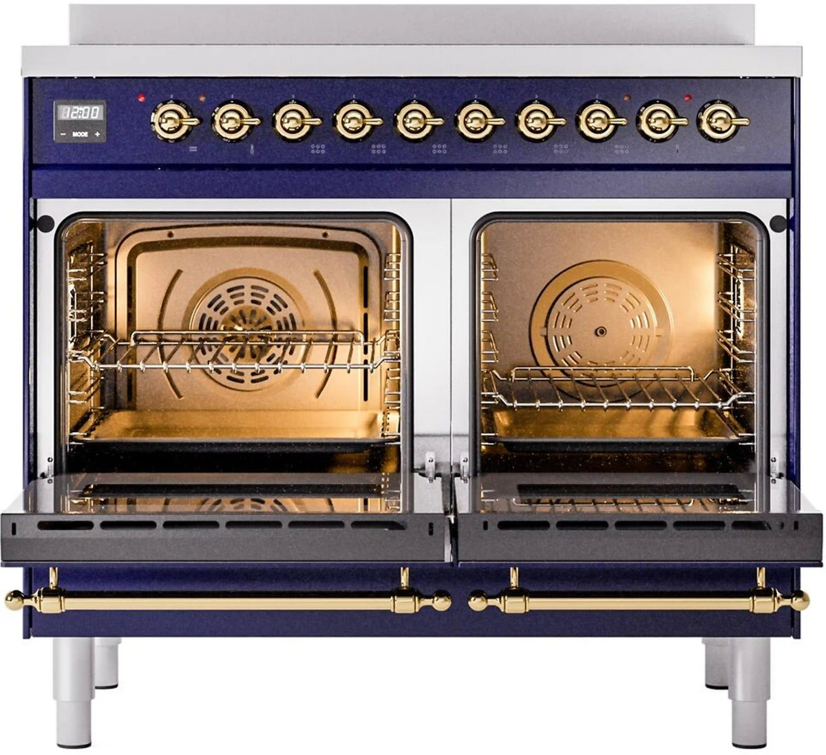 Freestanding electric range with both oven doors open, brass handles, and interior racks