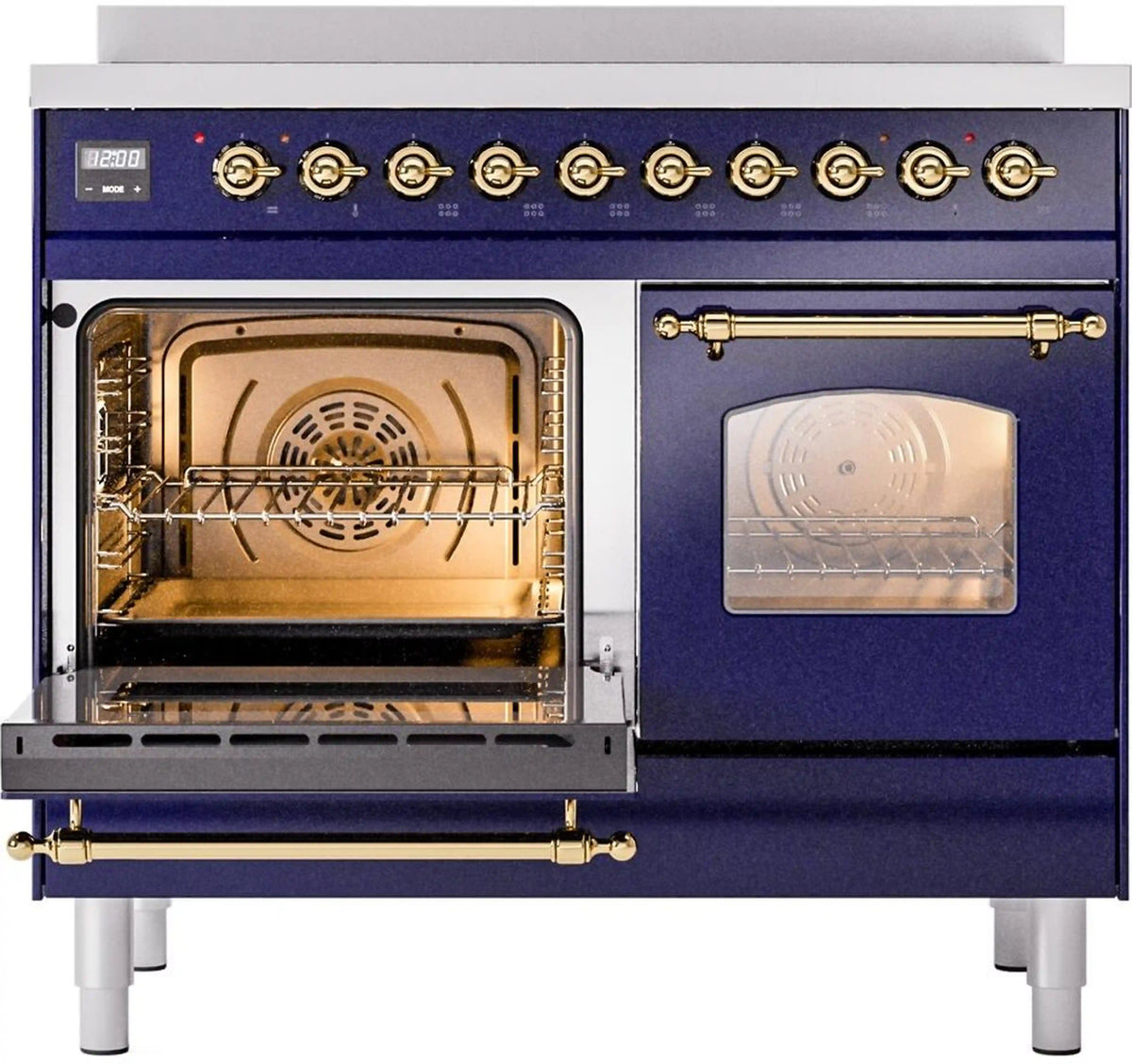 Freestanding electric range with one oven open and other door closed, brass accents