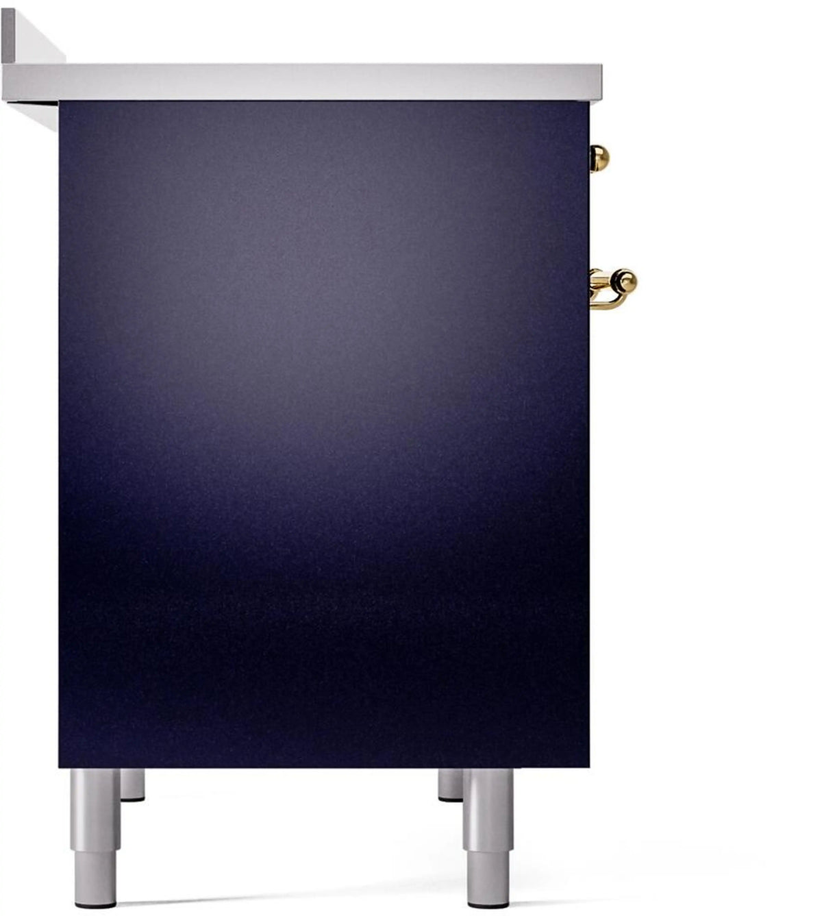 Midnight blue freestanding range side panel with brass knob and white leveling legs