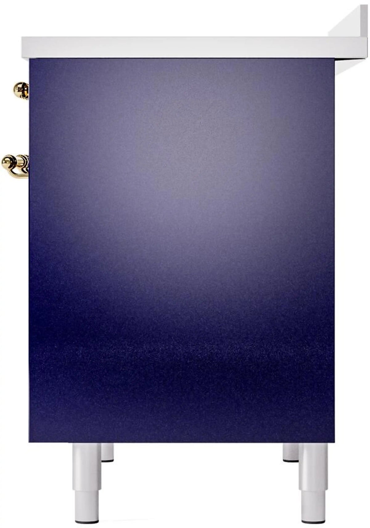 Midnight blue freestanding range side panel with brass handle and white leveling legs