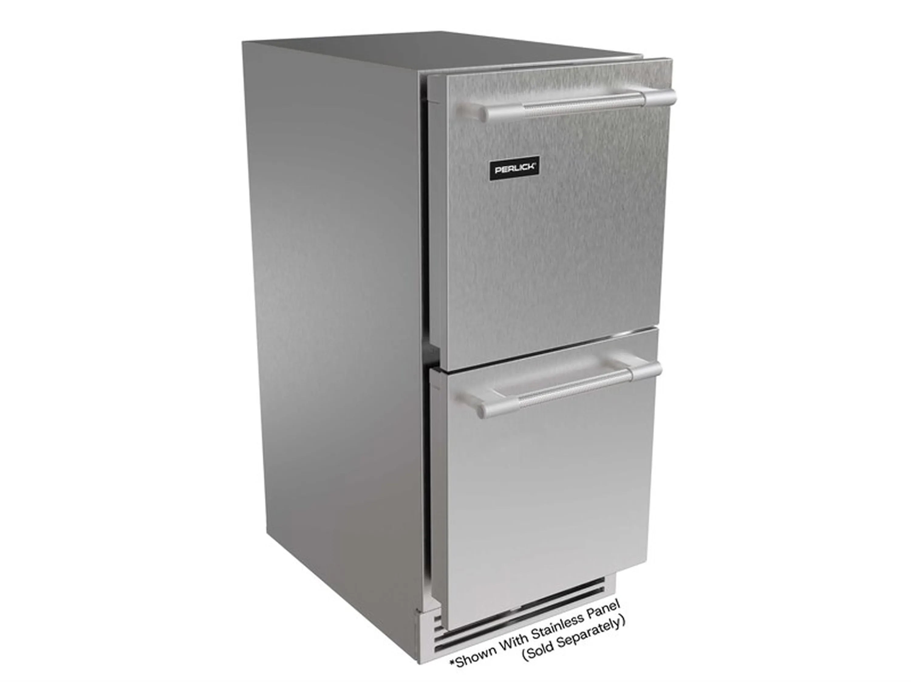 Stainless undercounter refrigerator drawers with two stacked doors and pull handles