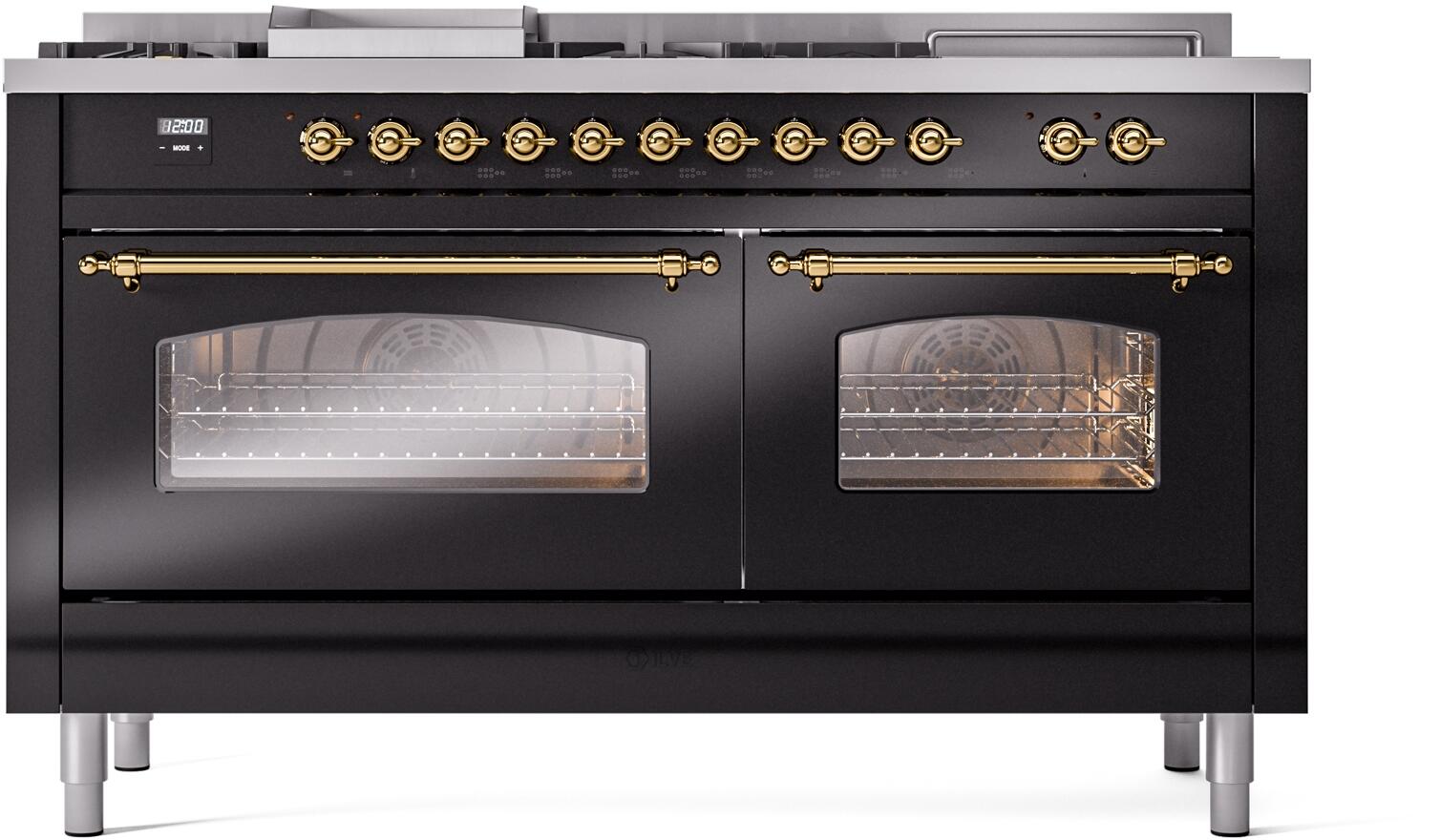 Glossy black dual-fuel range with brass-trimmed controls and two glass oven doors