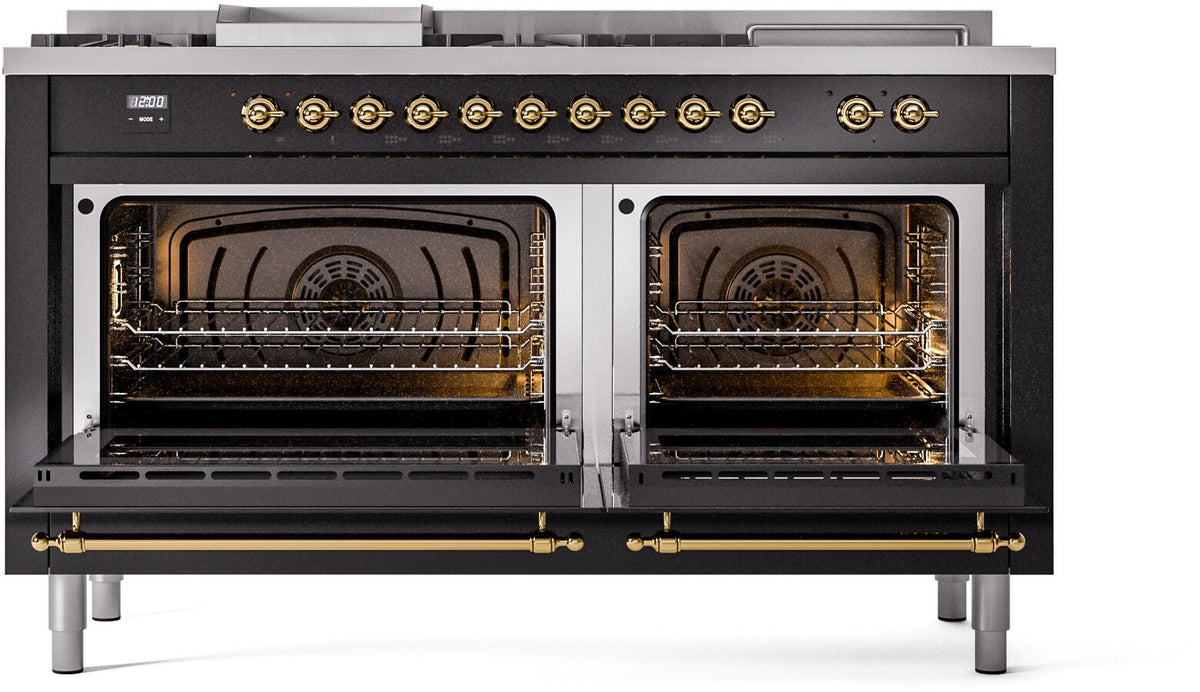 Black dual-fuel range with both oven doors open, showing racks and heated interior