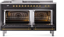ILVE Nostalgie II 60-Inch Dual Fuel Range with 7 Burners, Griddle, & French Top with Triple Glass Door Oven in Glossy Black with Brass Trim (UP60FSNMPBKG)