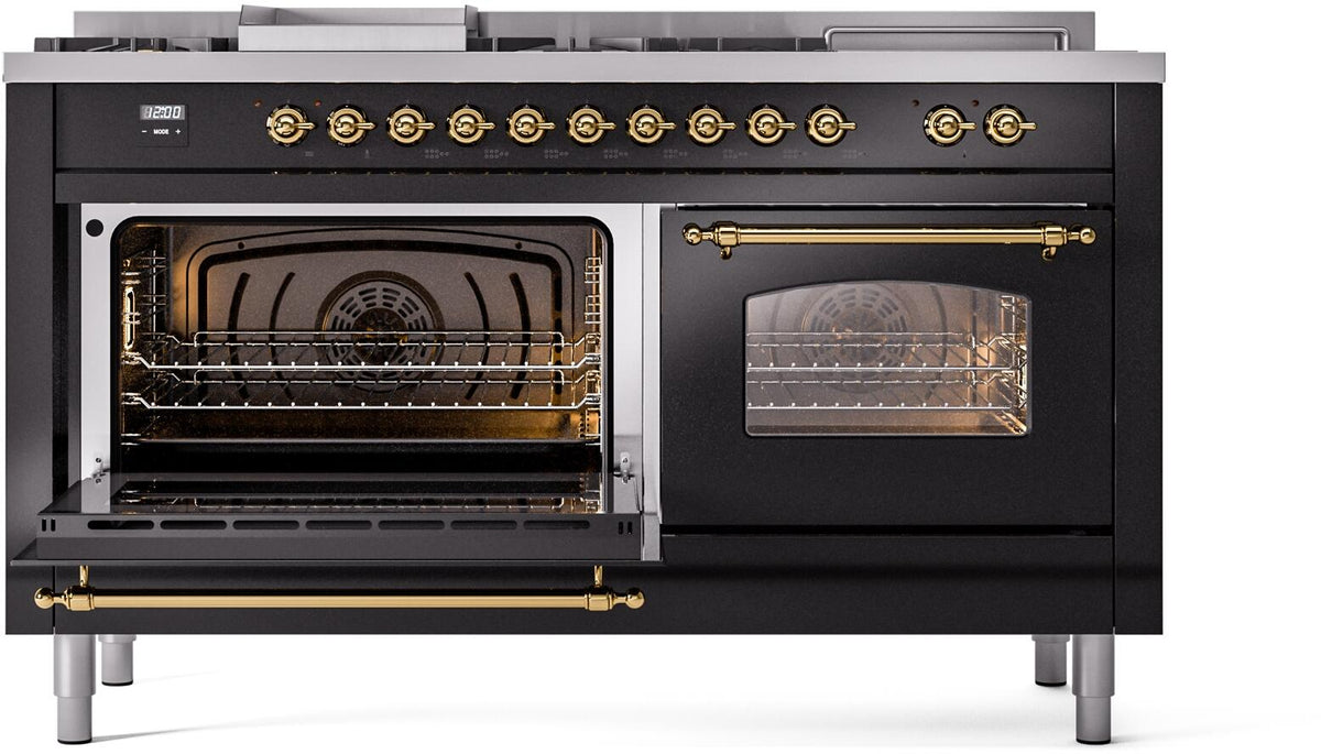Black dual-fuel range with left oven open and right glass oven door visible
