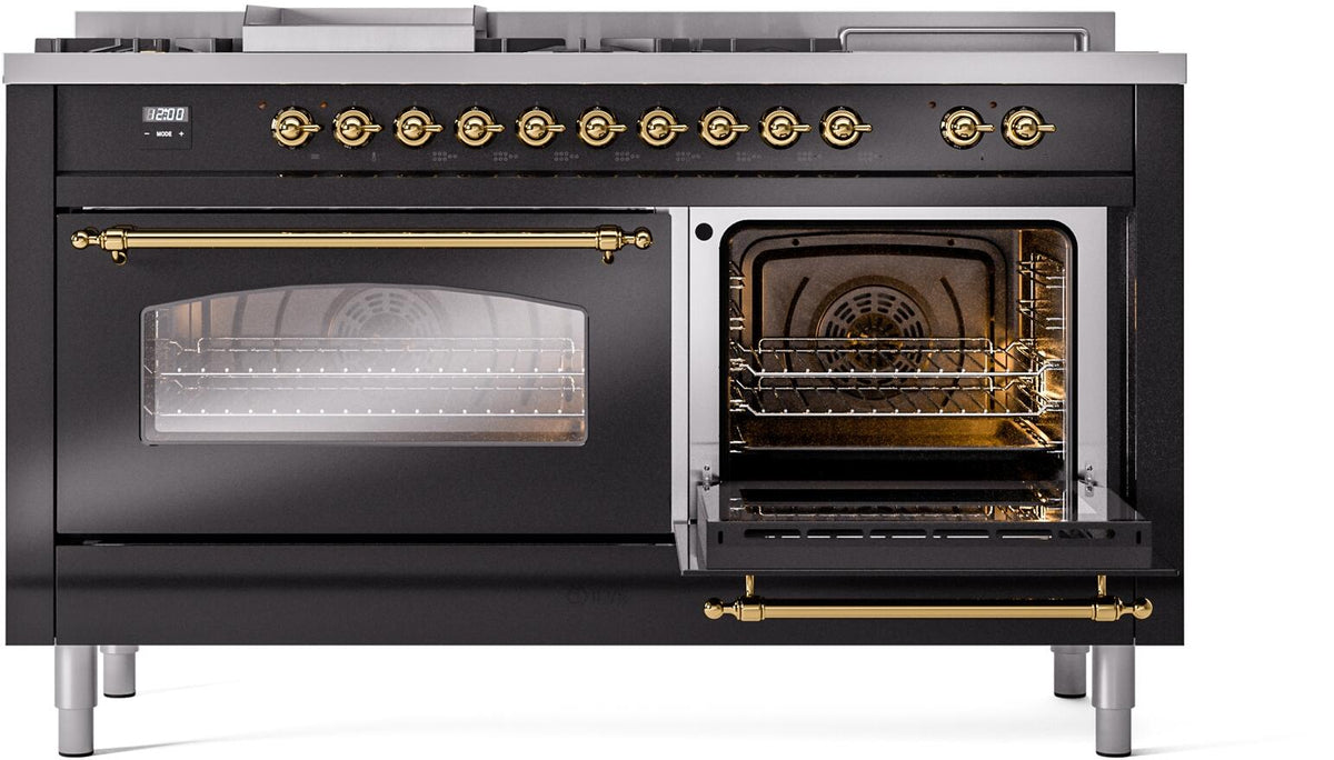 Black dual-fuel range with right oven open, showing racks inside glass door
