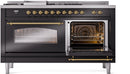 ILVE Nostalgie II 60-Inch Propane Gas Dual Fuel Range with 7 Burners, Griddle, & French Top with Triple Glass Door Oven in Glossy Black with Brass Trim (UP60FSNMPBKGLP)