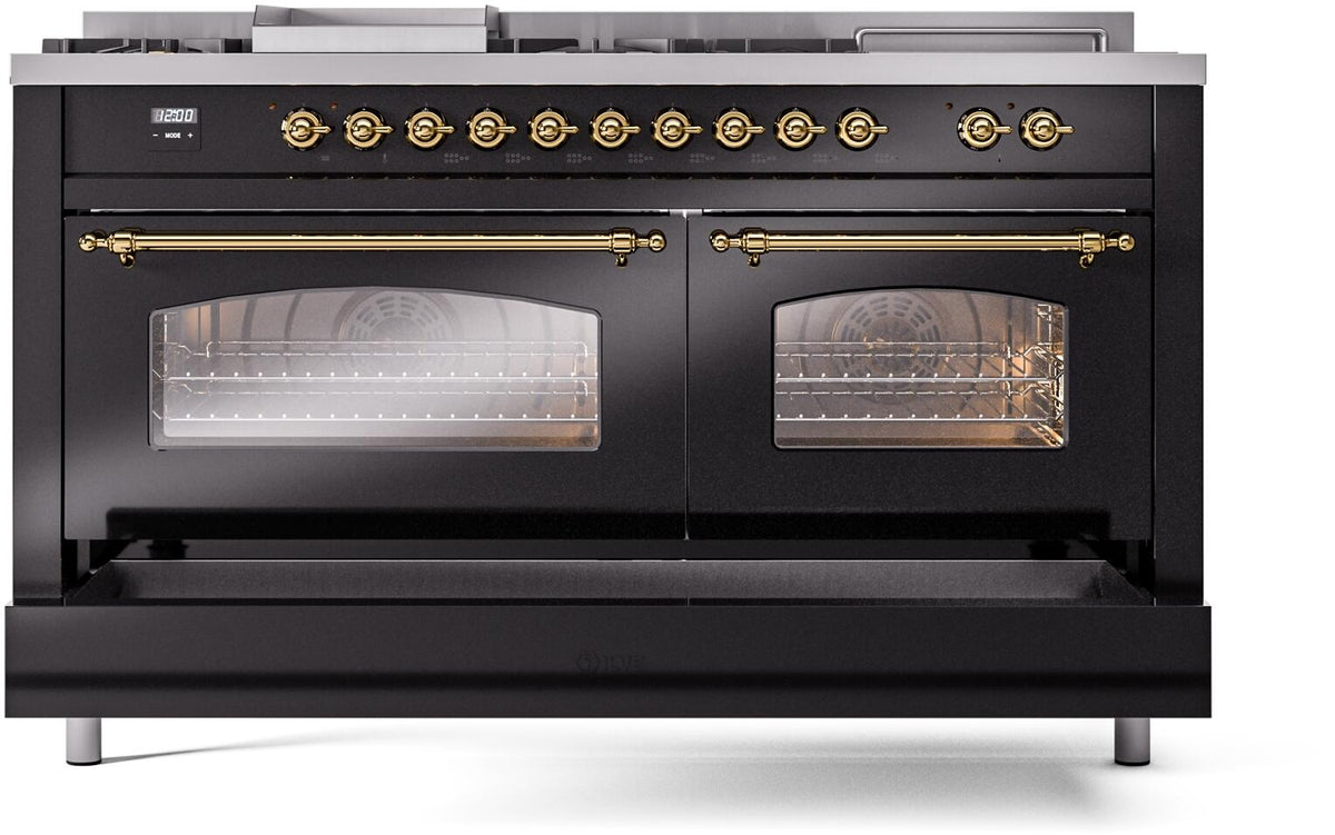 Glossy black dual-fuel range with brass accents and two glass oven windows