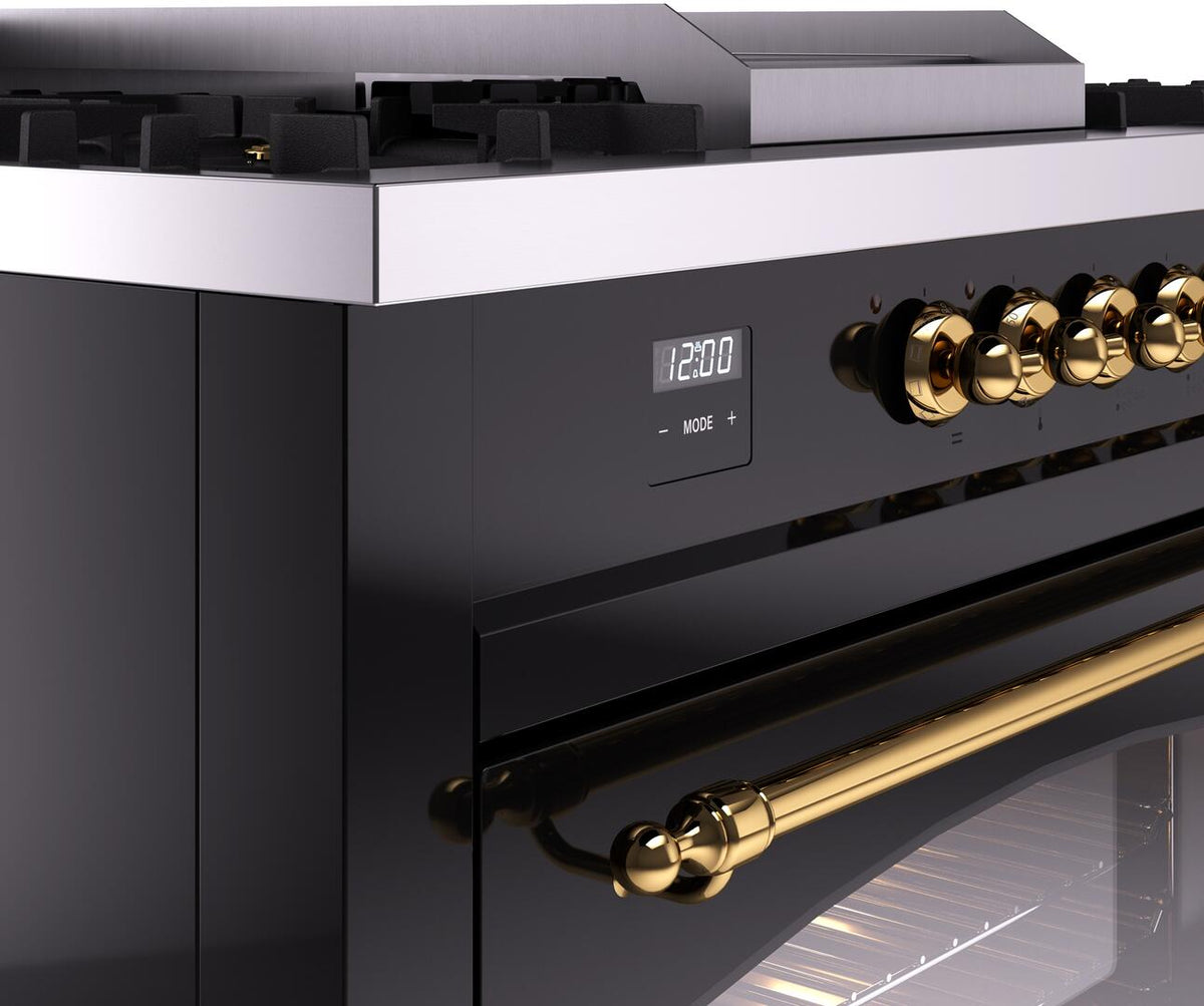 Glossy black range control panel with brass handle and digital display