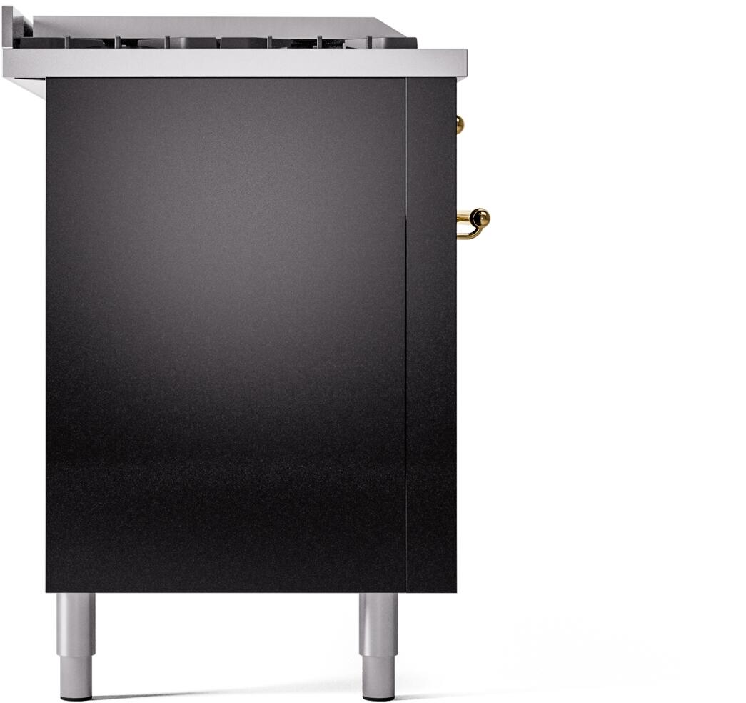 Black range side panel with brass handle detail and four metal leveling feet