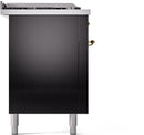 ILVE Nostalgie II 60-Inch Dual Fuel Range with 7 Burners, Griddle, & French Top with Triple Glass Door Oven in Glossy Black with Brass Trim (UP60FSNMPBKG)