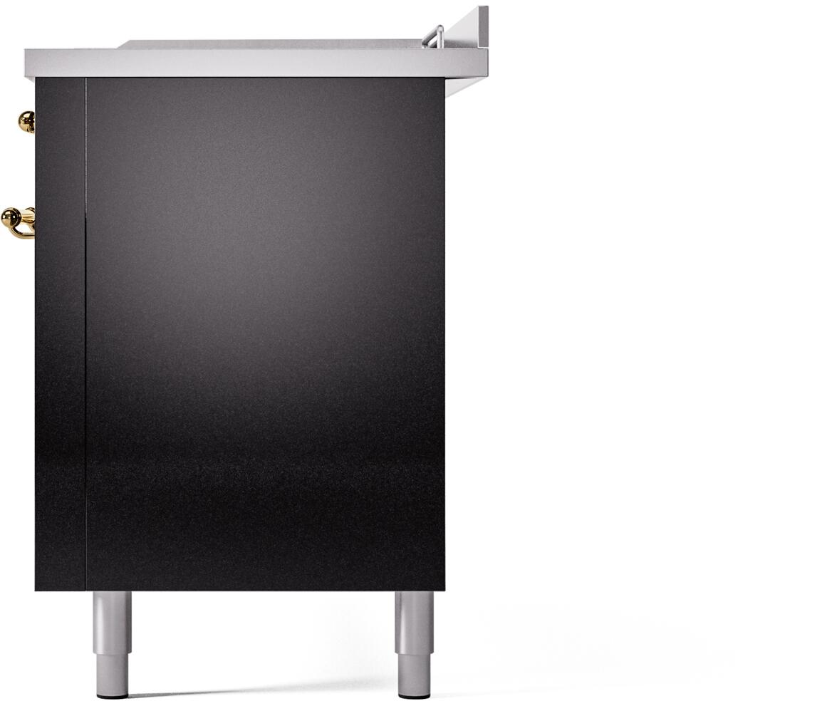 Black range back side panel with small brass hardware and metal leveling feet