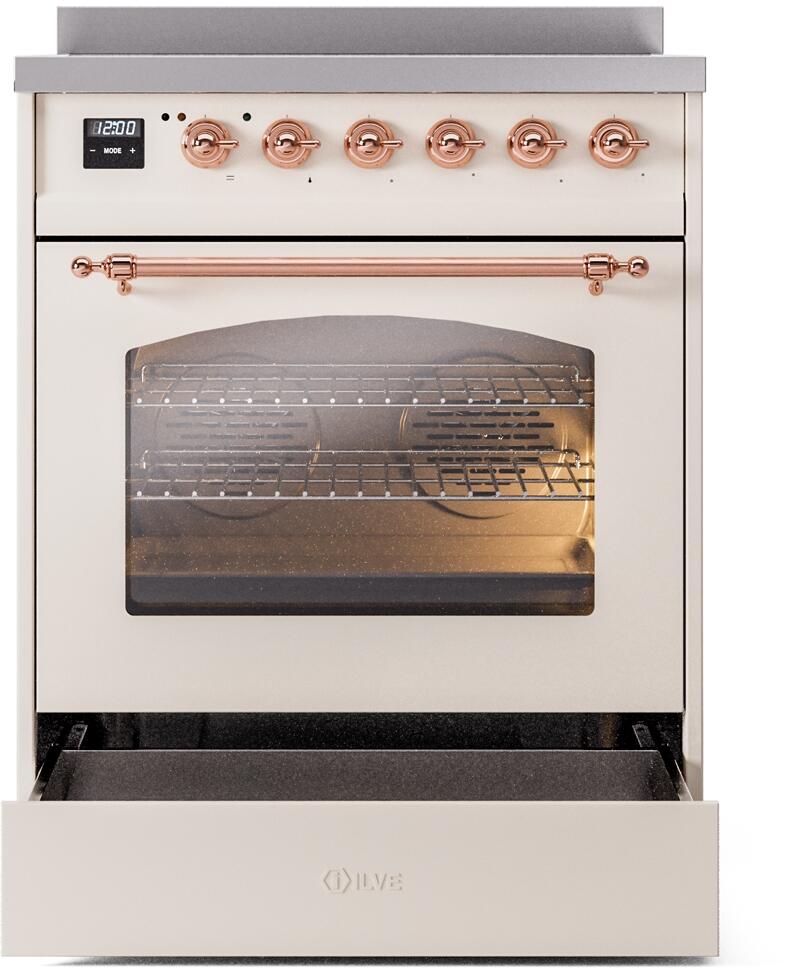 Freestanding induction range front view with open oven door and copper handle bar