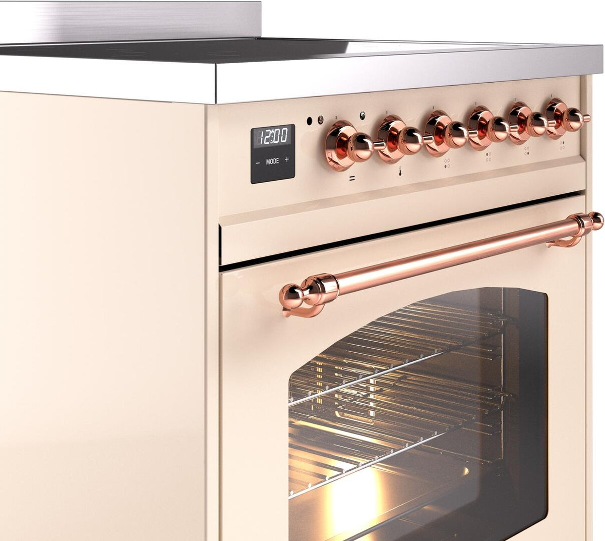 Freestanding induction range control panel and copper handle with open glass oven door