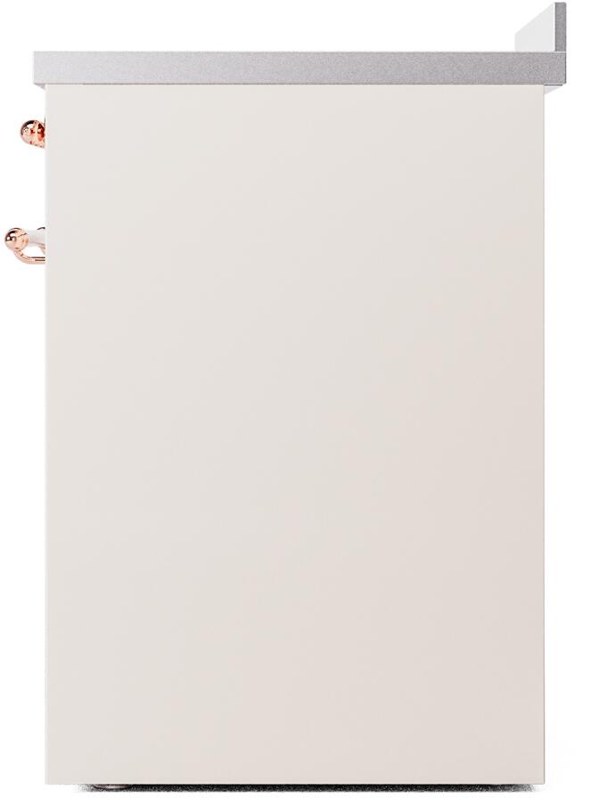 Antique white back side panel of freestanding induction range with copper trim detail