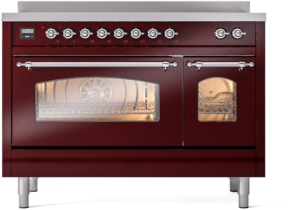 Burgundy freestanding electric induction range with chrome knobs and open oven door