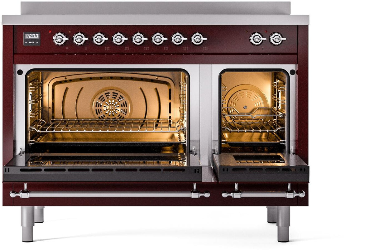 Burgundy freestanding electric induction range with open double ovens and chrome trim