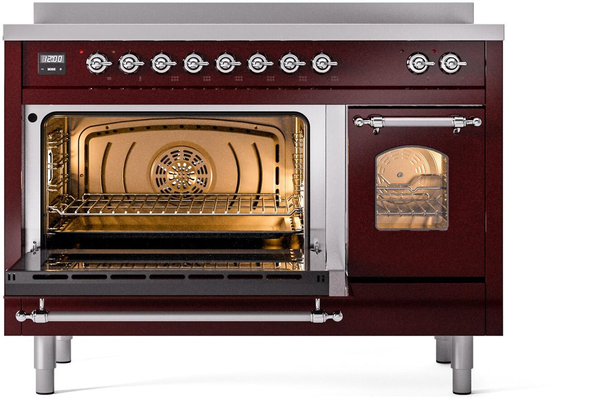 Burgundy freestanding electric induction range with chrome knobs and open oven door