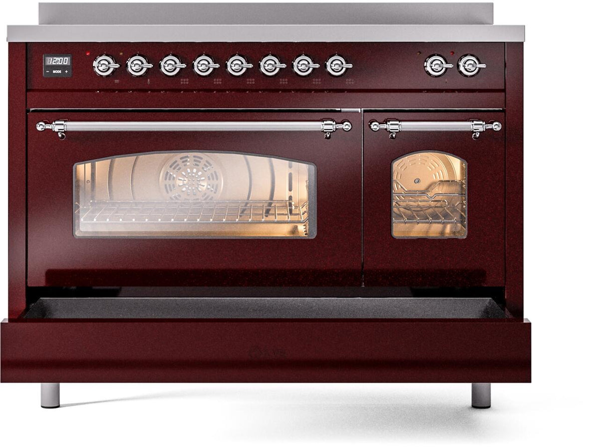 Burgundy freestanding electric induction range with glass oven window and chrome handles