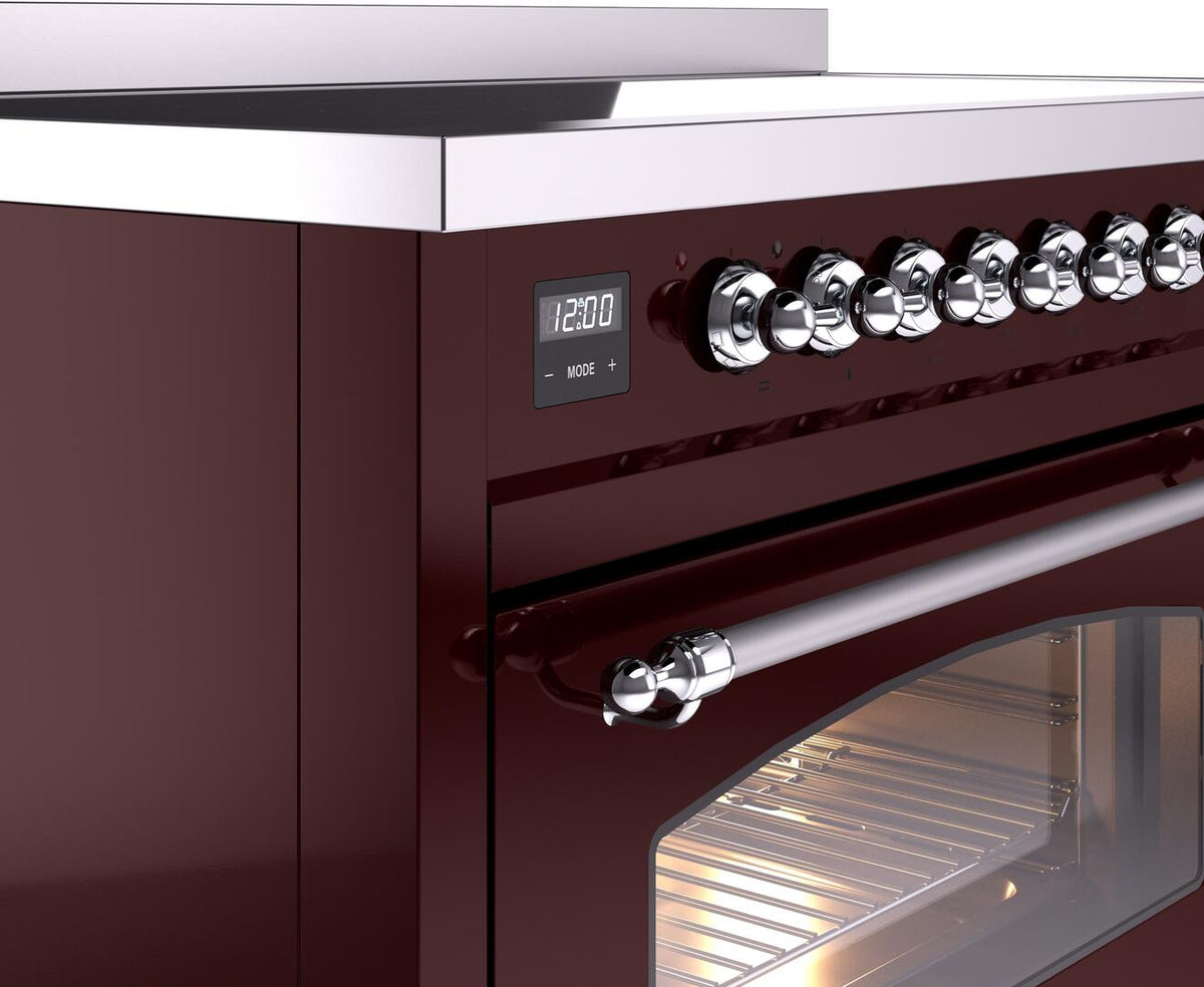 Burgundy electric induction range control panel with digital display, knobs, and oven handle