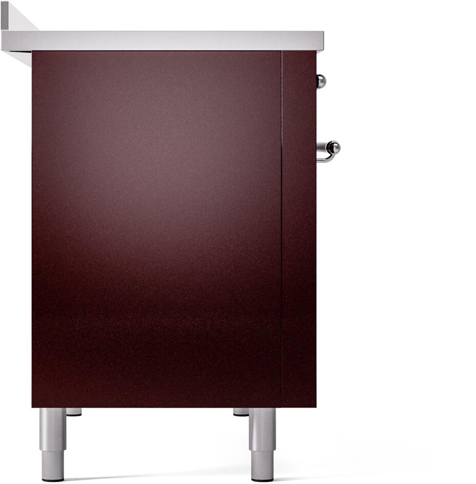 Burgundy side panel of a freestanding electric induction range with leveling legs