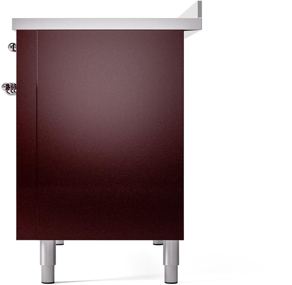 Burgundy side of a freestanding electric induction range with chrome connector ports