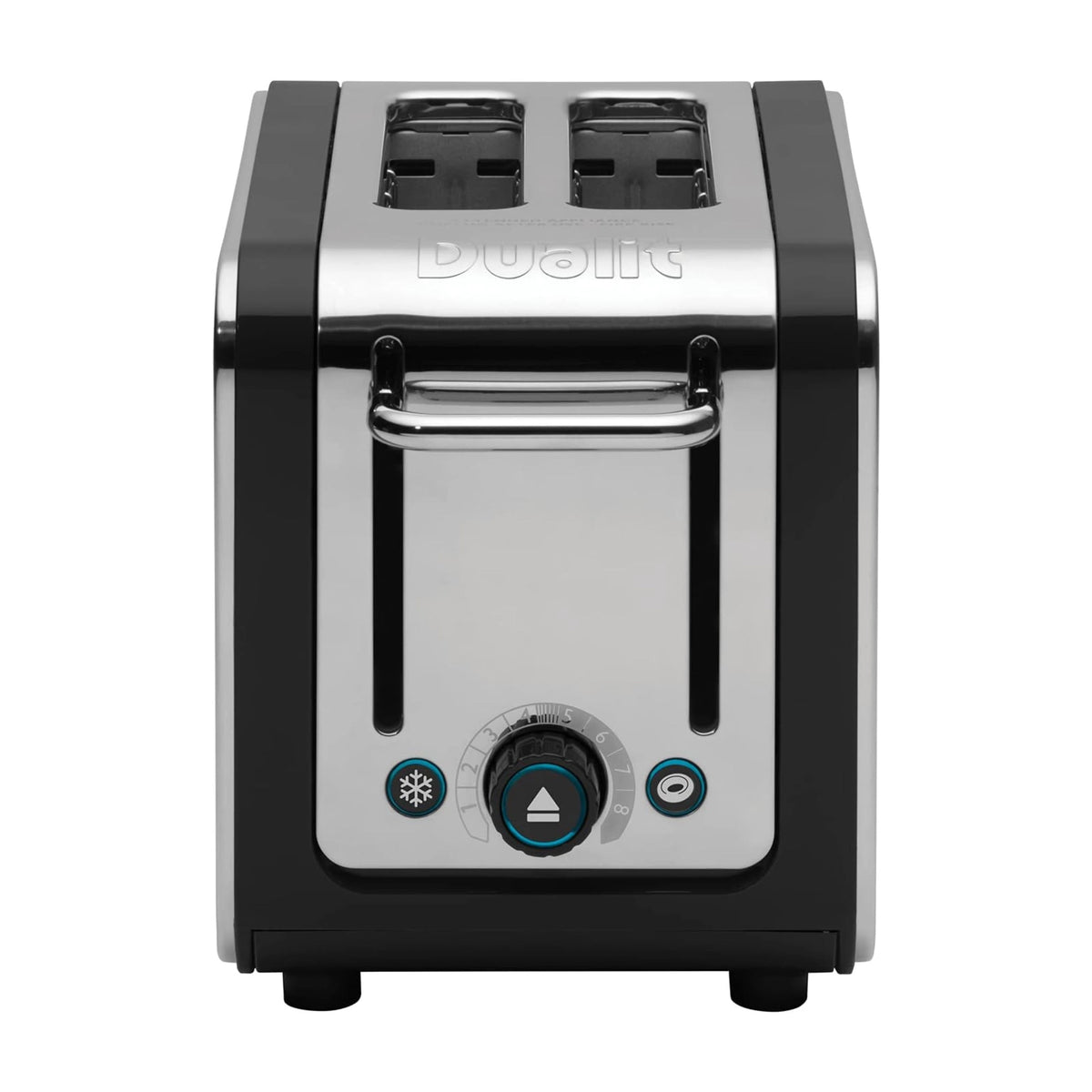 Dualit 2-slice toaster front view in chrome and black with browning dial