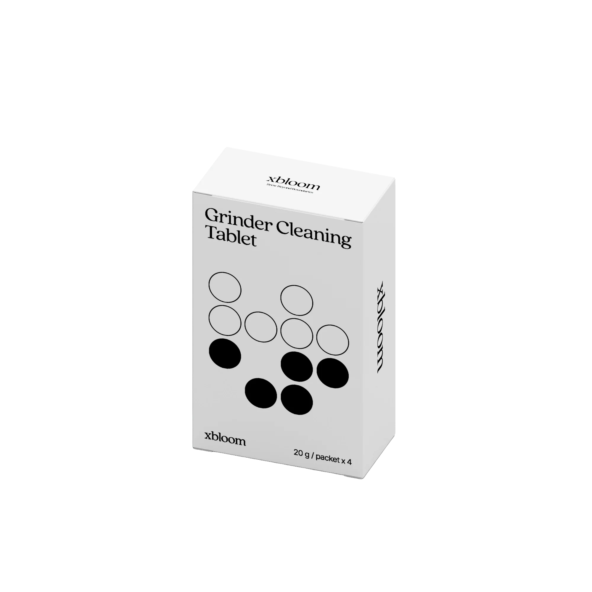 xBloom grinder cleaning tablet, white box with circular icon and 20 g/pack x 4