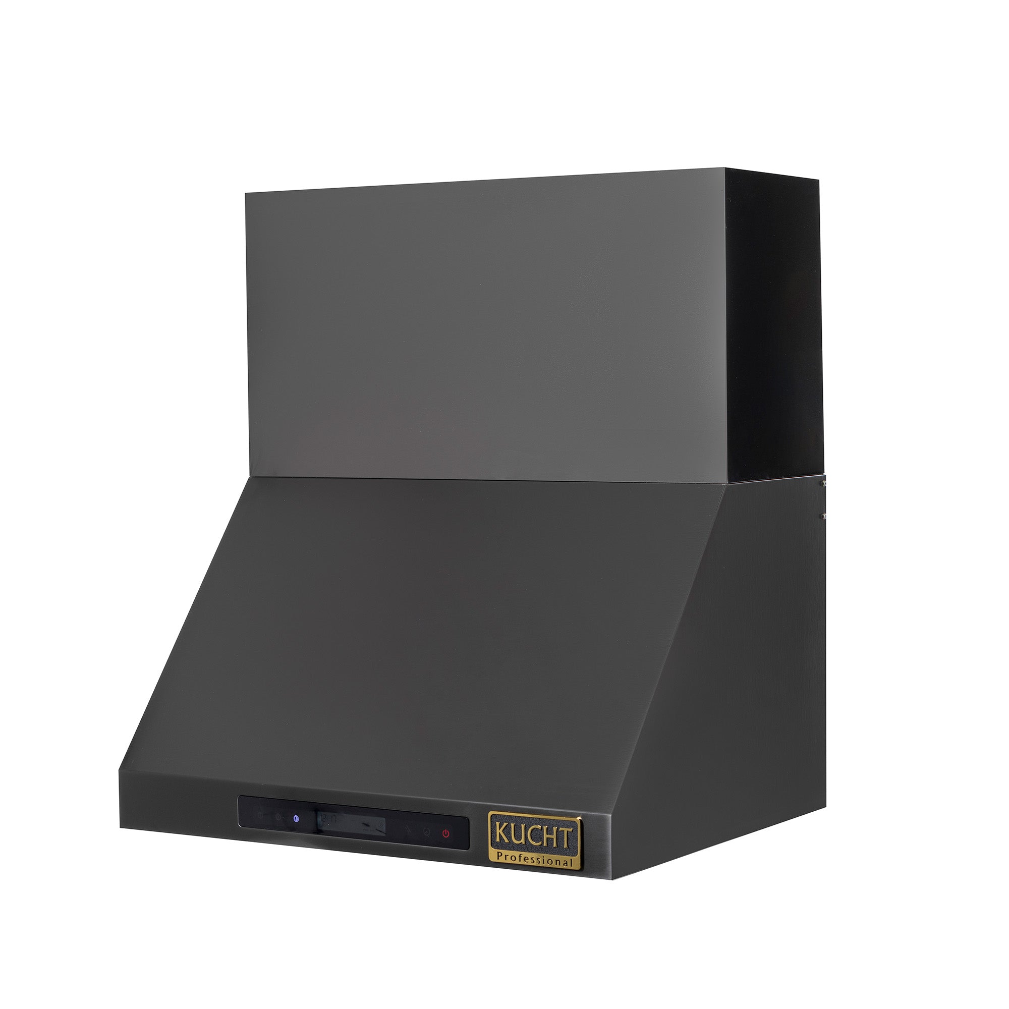 Dark titanium wall mount range hood with angled canopy and control panel