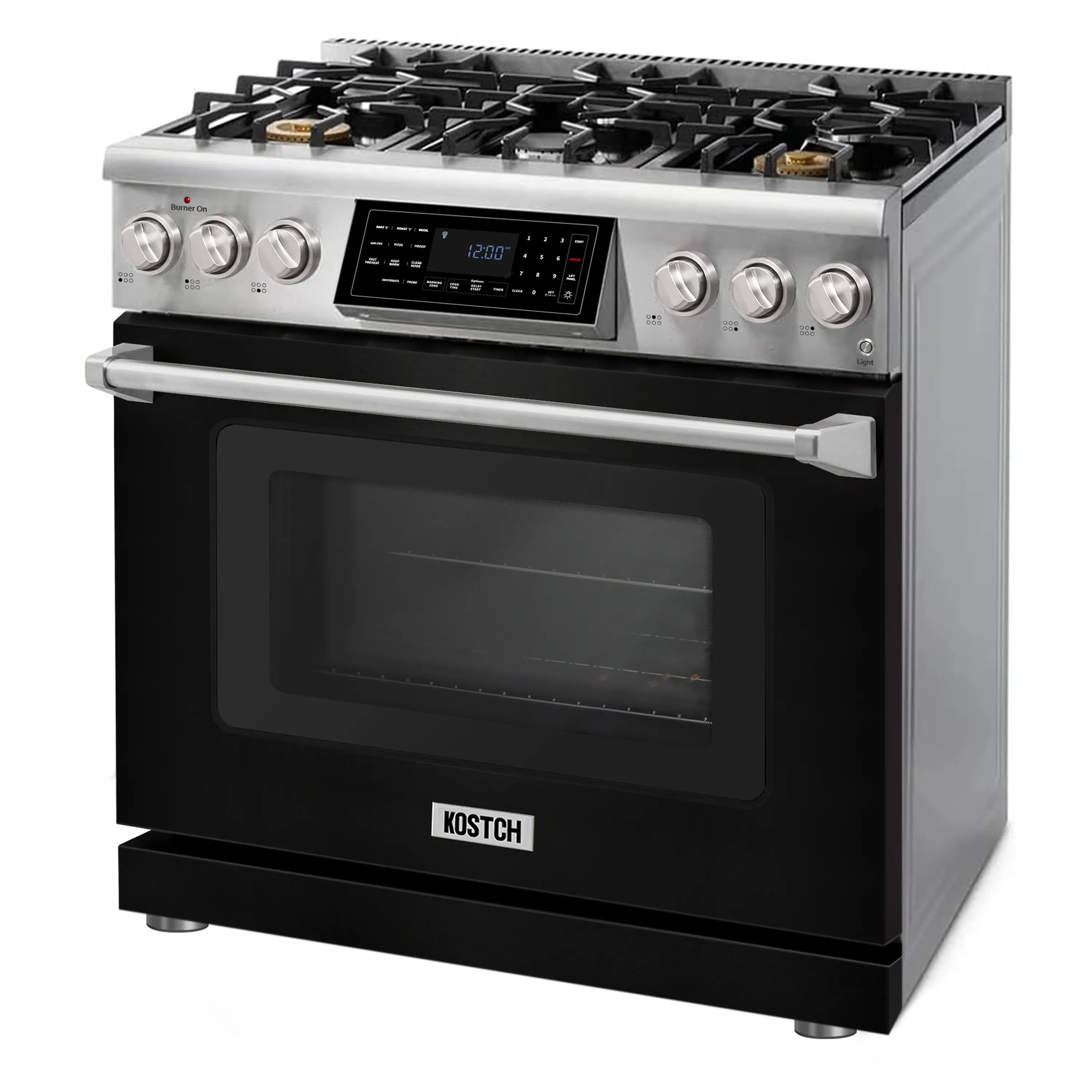 Stainless propane gas range with black glass oven door and digital display