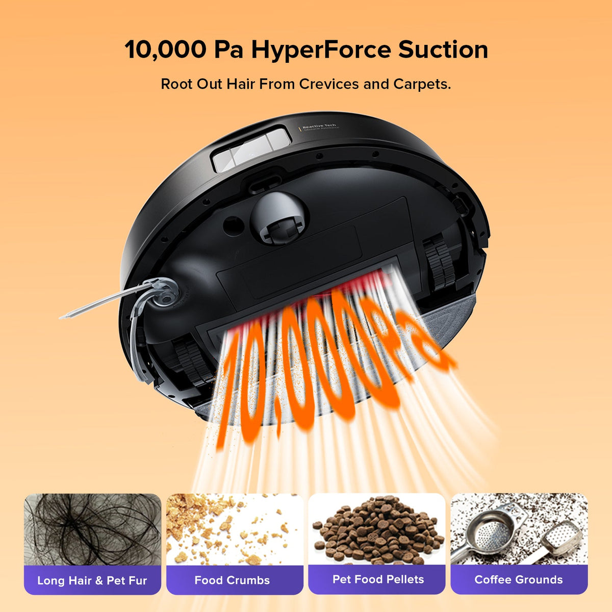 Robot vacuum with top air vents and brush area, showing strong suction airflow.