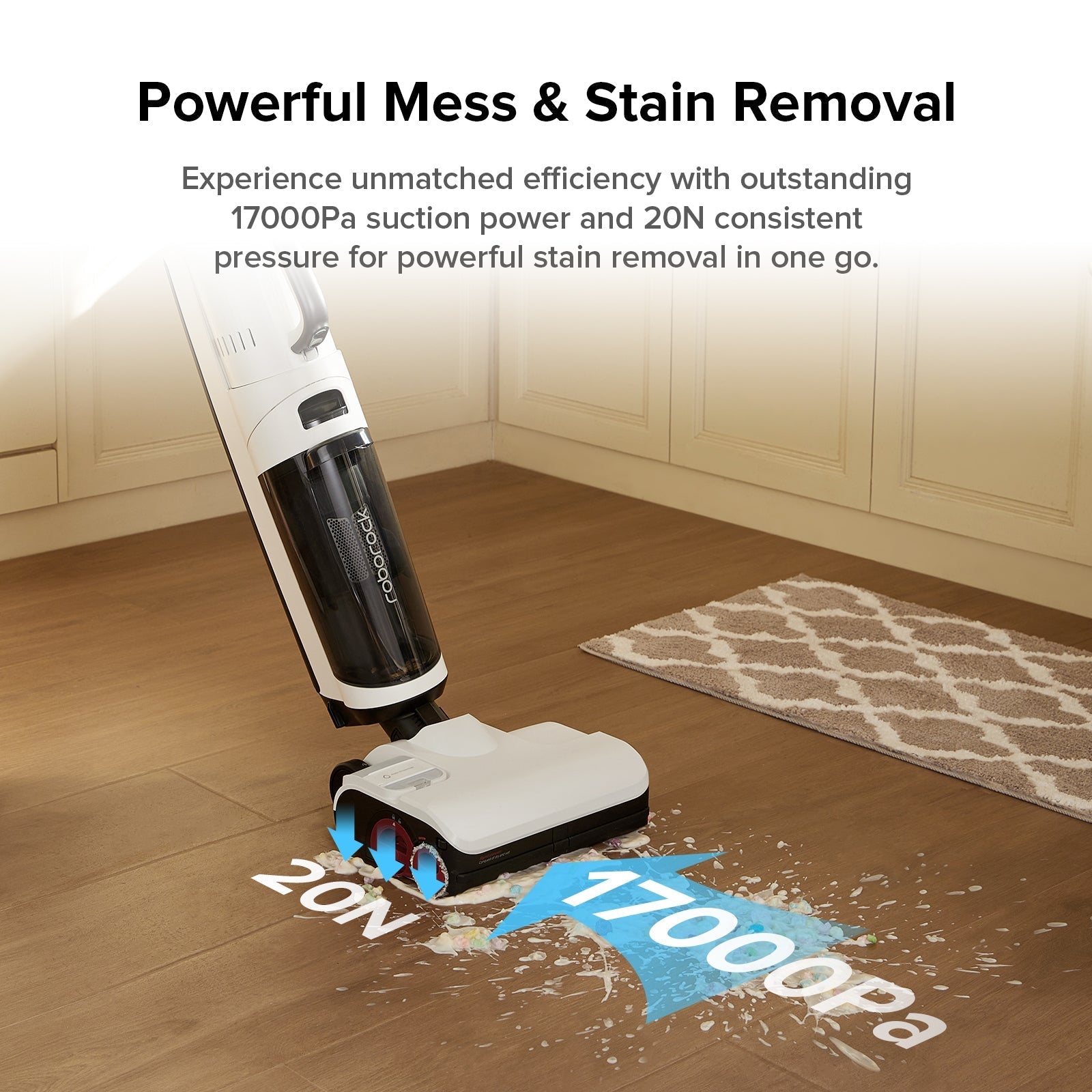 Upright wet and dry vacuum cleaner with floor head removing spills on hard floor