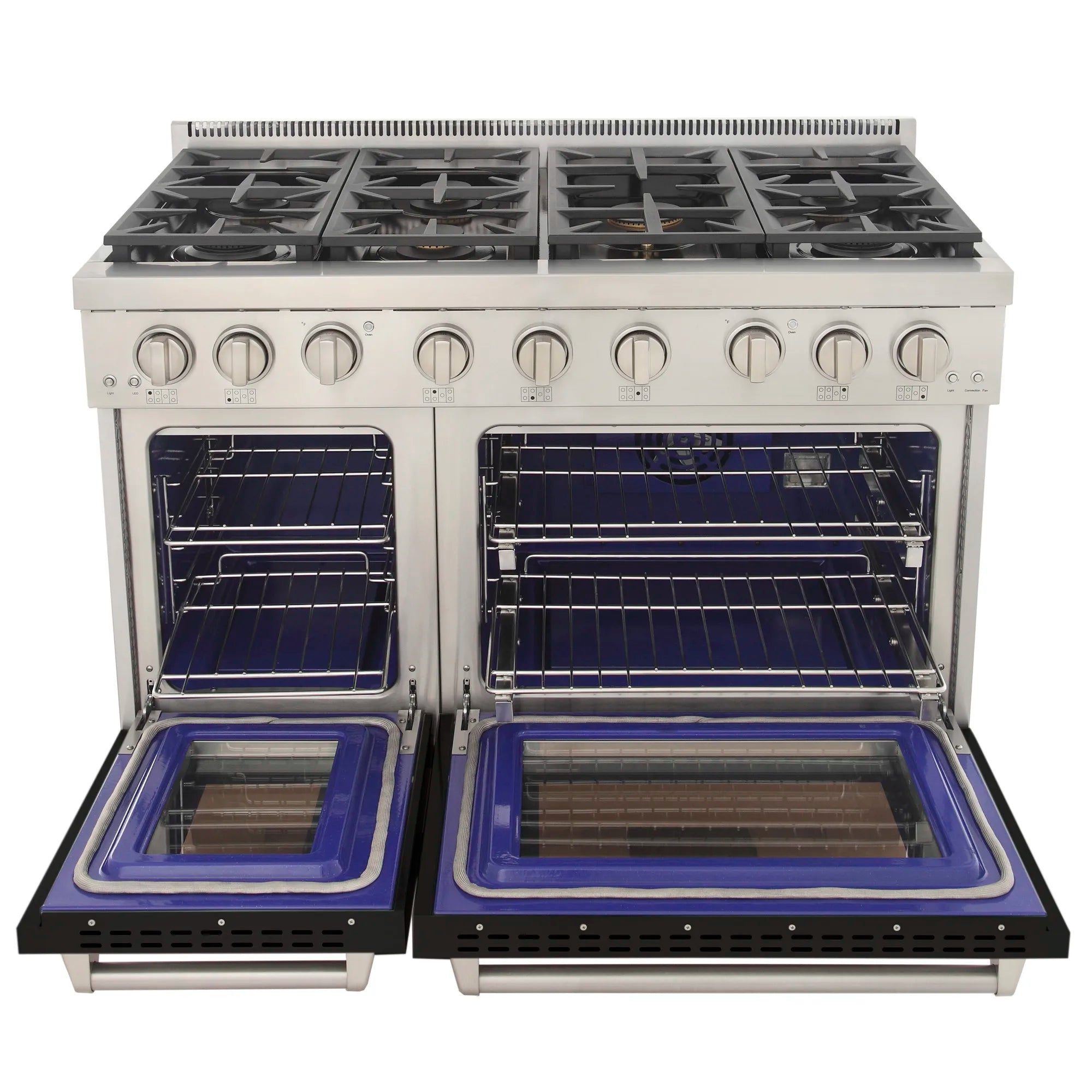 Stainless and black gas range with six burners and two oven doors with glass windows